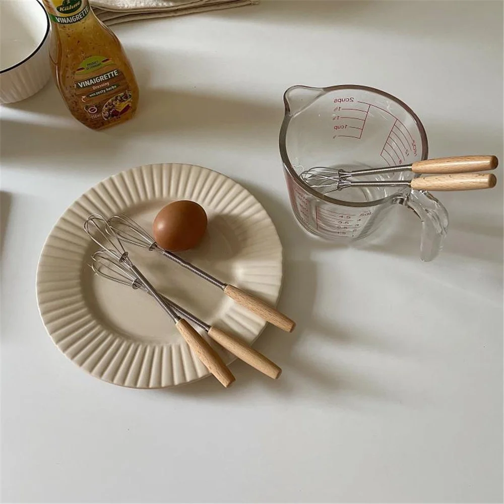 New Wooden Handle Stainless Steel Egg Beater Light Luxury Style Japanese Manual Baking Dessert Mixer Kitchen Tools