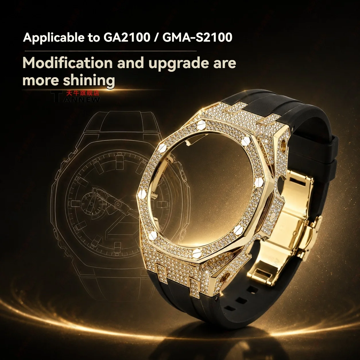 Фото Комплект для модификации часов из нержавеющей стали, совместимый с Casio G-Shock GA2100 GMA-S2100, металлический корпус, ремешок из резины FKM. №3