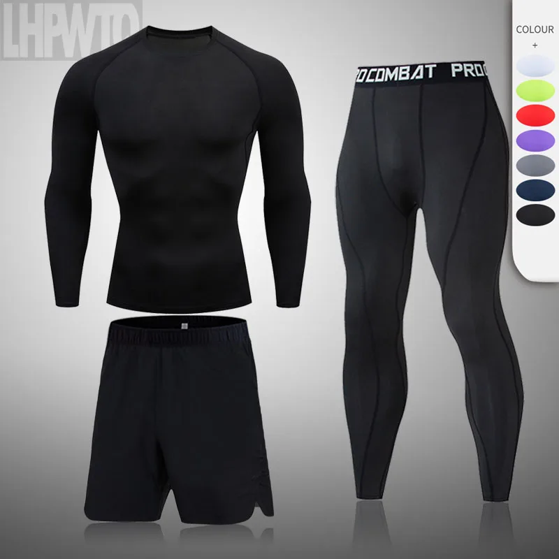 

Men's Long Sleeve T-Shirt Bottom Shorts Bodybuilding Clothing Quick Dry Compression Sportswear Base Layer Workout Set 4XL