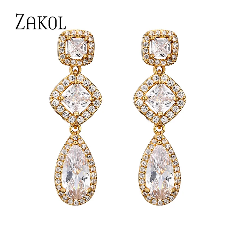 

ZAKOL Luxury Gold Color Bridal Dangle Earrings for Women Geometry Cubic Zirconia Long Drop Earring Wedding Jewelry EP1170