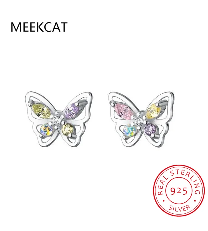 Real 925 Sterling Silver 2022 Colour Shiny CZ Butterfly Stud Earrings For Daughter Girls Fine Jewelry Gift DG0037