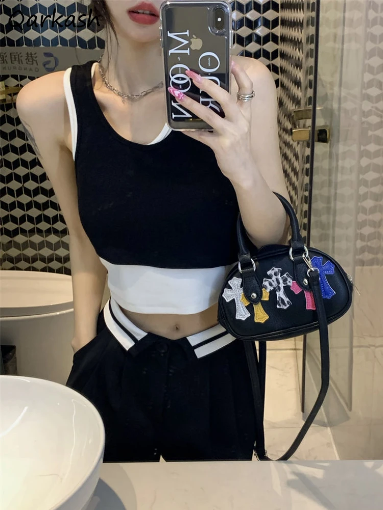 

Fake 2 Pieces Tanks Women Crop Tops Slim Sporty Streetwear Sexy Harajuku Design Female Hot Summer Ulzzang Retro Chic New Arrival