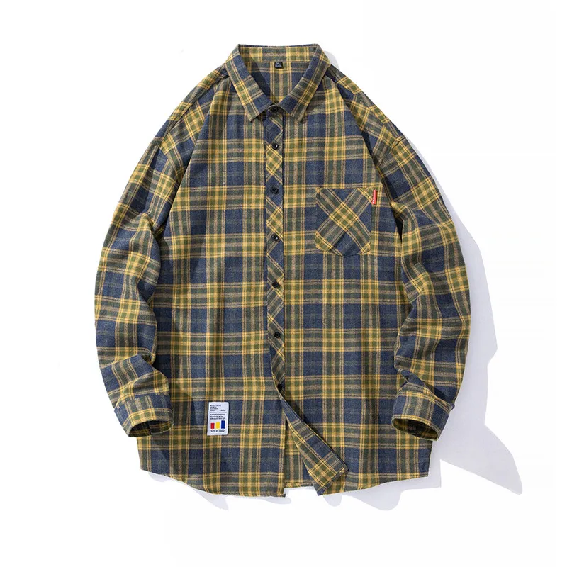 

Japanese Harajuku Mens Plaid Vintage Shirts 2022 Man Streetwear Pockets Shirts Long Sleeve Male Casual Button Up Retro Blouses