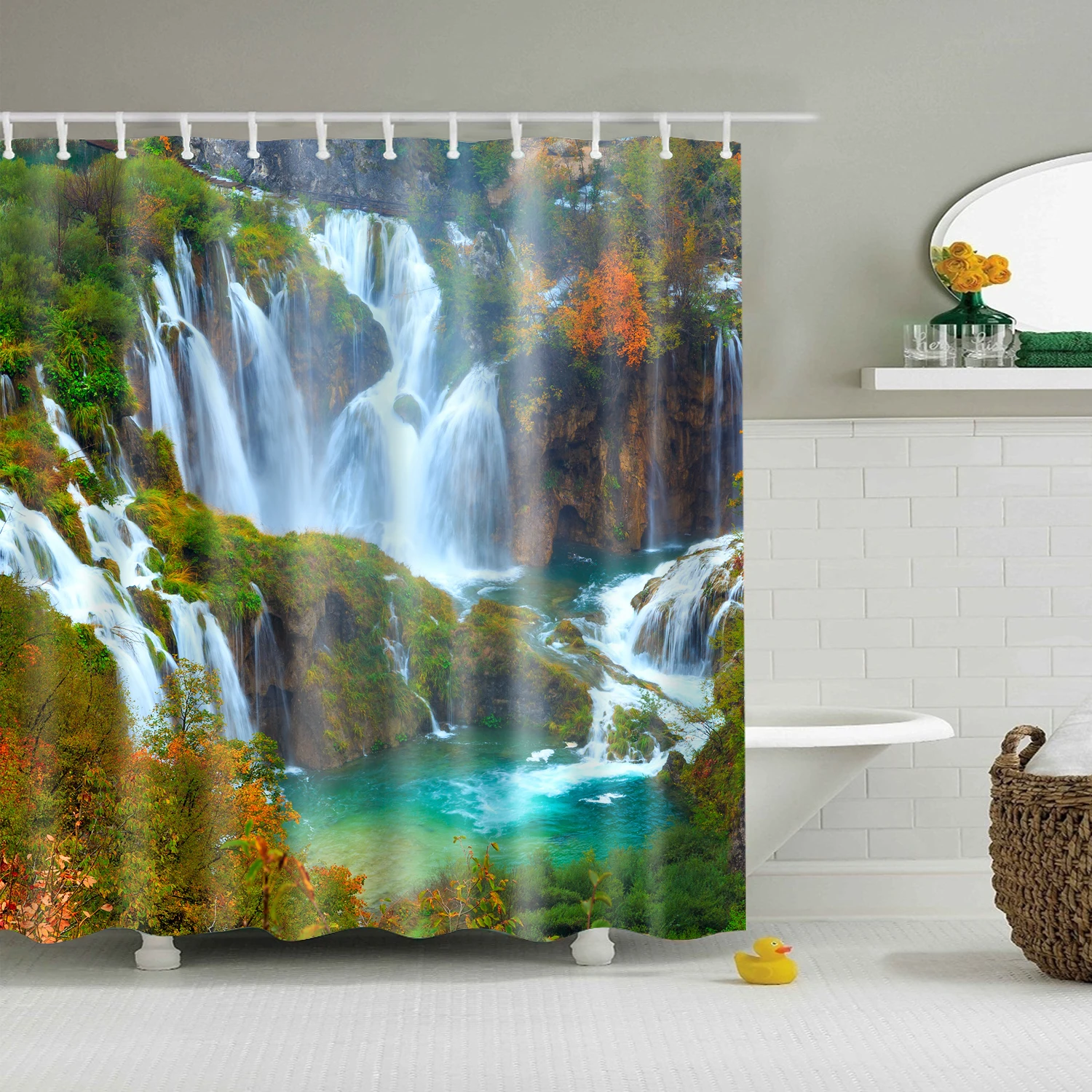 

Scenic Waterfall Shower Curtain Nature Green Forest Tree Spa Water Lake Landscape Misty Jungle Rainforest Rustic