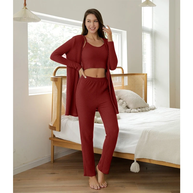 QWEEK Pajamas for Women Three Piece Suit for Female Knitting Waffle Solid Color Sling Long Sleeve Homewear Autumn Winter Pijamas