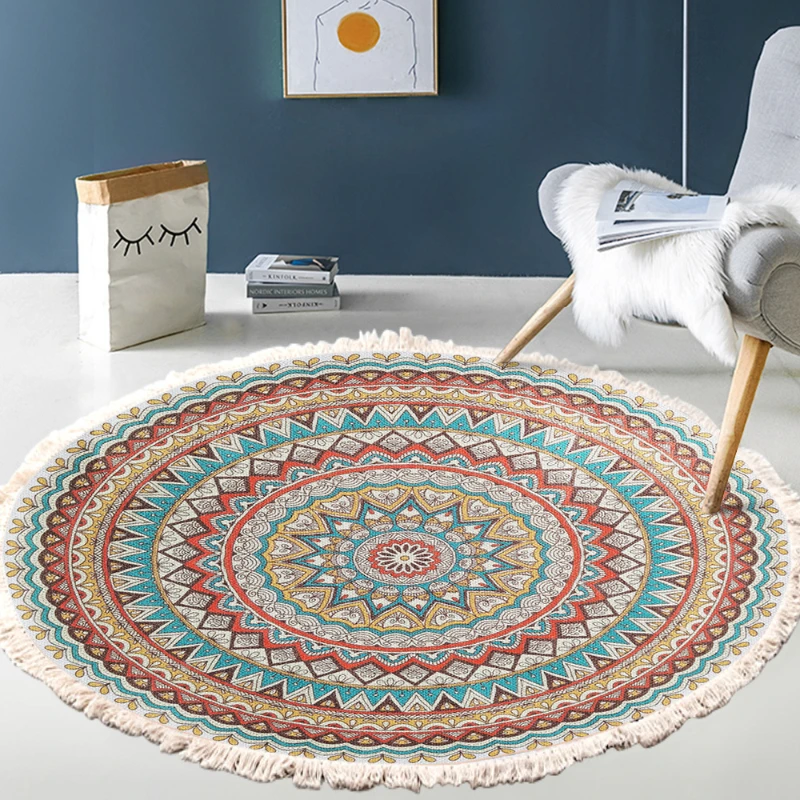 

Retro Boho Round Bedroom Carpet With Tassel Door Bath Floor Chair Foot Mat Living Room Linen Persian Islam Prayer Rug Home Decor