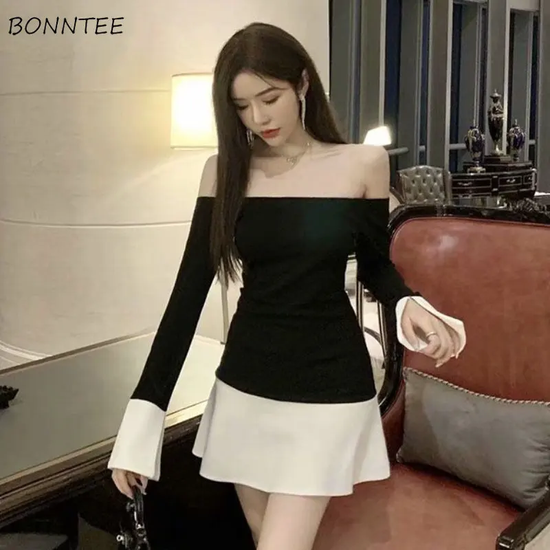 

Slash Neck Sexy Dress Women Mini A-line Elegant Patchwork Designed Korean Style Fashion Lady Temperament Party Wear Spring Chic
