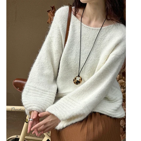 2024, женский мягкий вязаный свитер, сексуальный большой пуловер с круглым вырезом и рукавами-фонариками, одежда, топы для женщин, свитер Pull Femme