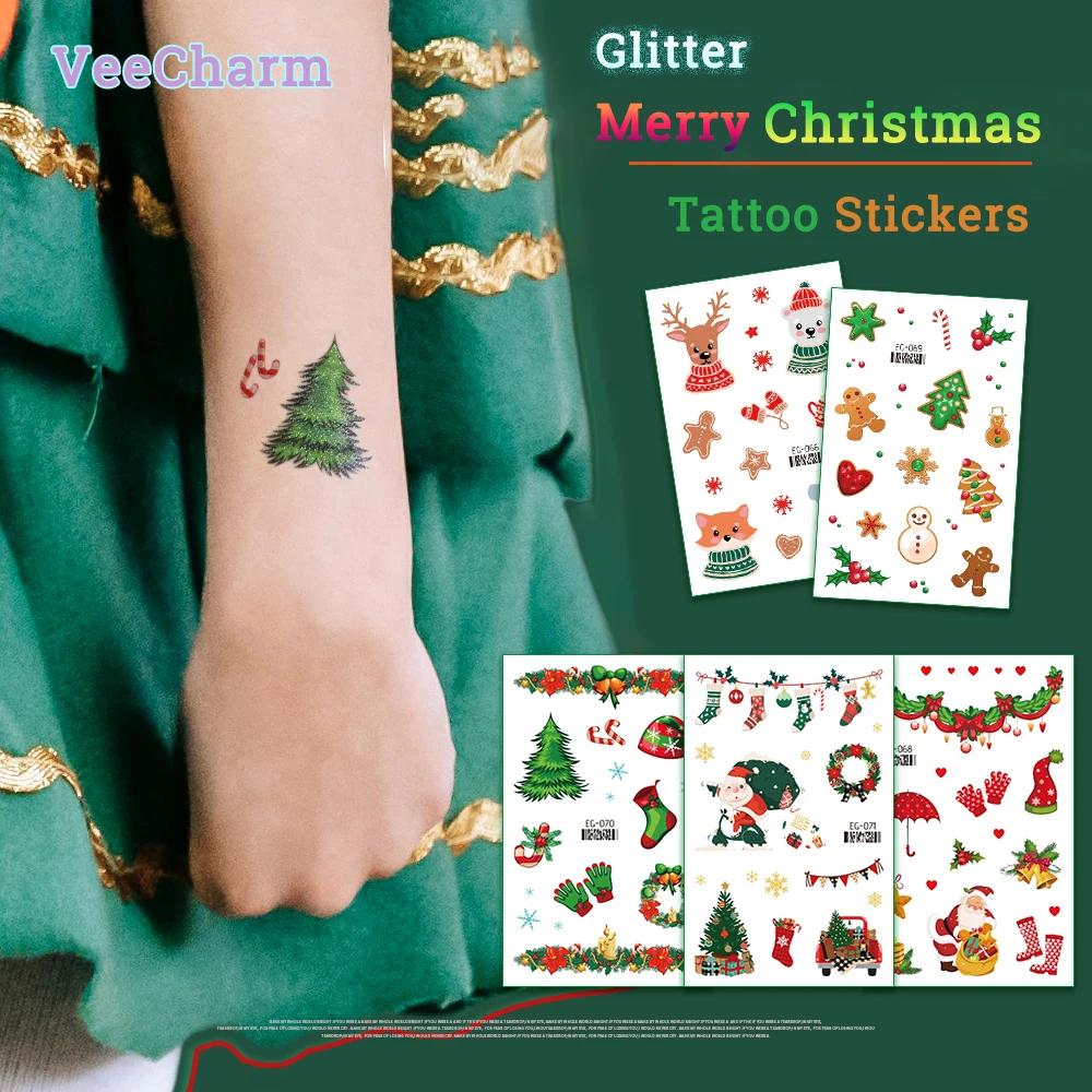 VeeCharm-Счастливого Рождества блестящие Временные татуировки для детей