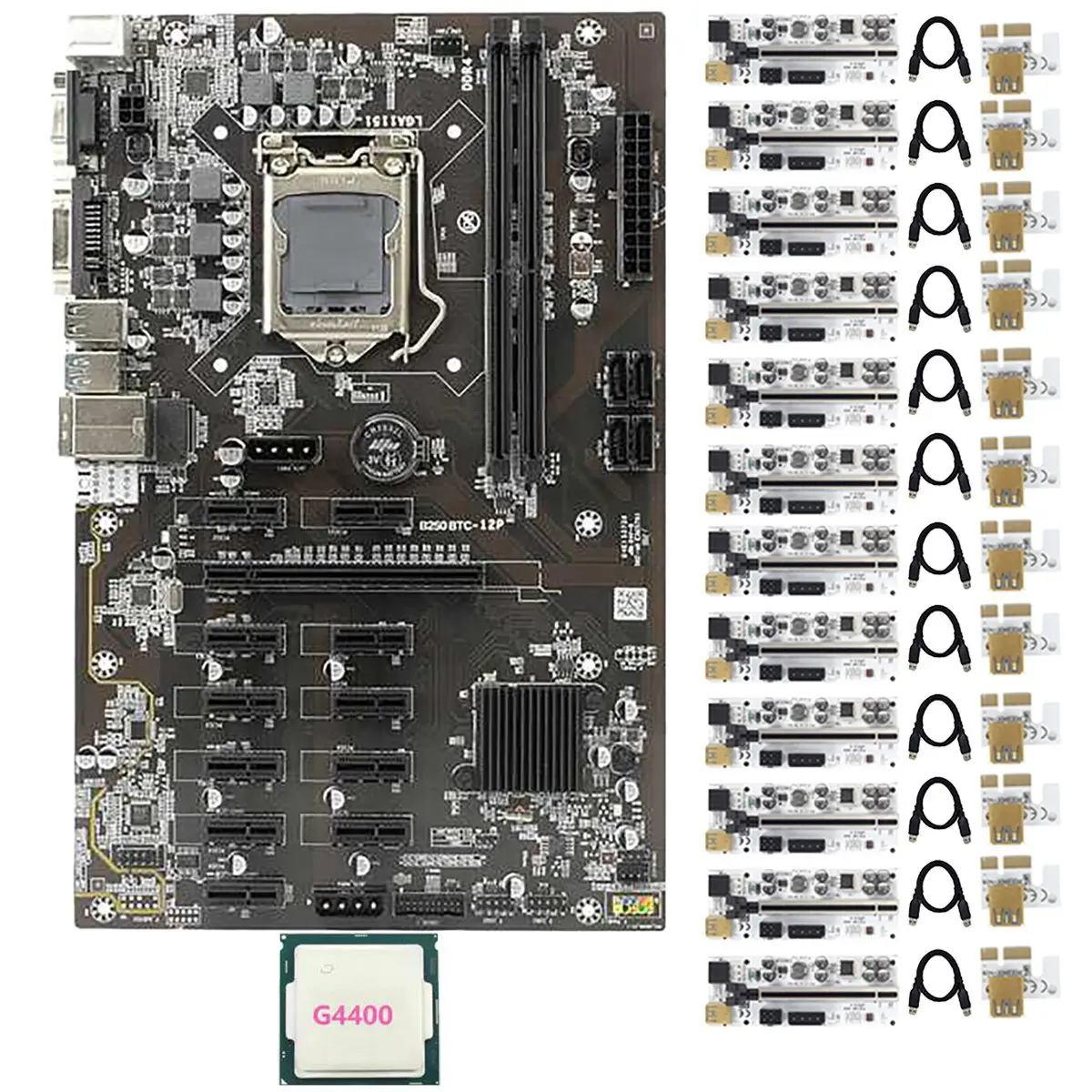 

B250 BTC Mining Motherboard with 12 Pcs 010-X PCIE Riser Card+1 Pcs G4400 CPU LGA1151 DDR4 DIMM 12 PCIE Slot Motherboard