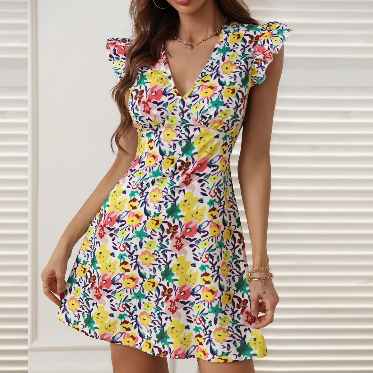

Fashion Chic Floral Print Sleeveless V-neck Slim Mini Dress Summer 2023 Women Casual Streetwear Dress