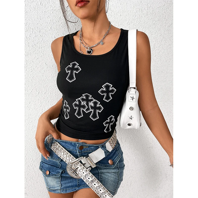 

Goth Dark Cross Printed Mall Y2k Gothic Ribbed Tank Tops Grunge Punk Style Bodycon Women Crop Top E-girl Streetwear Black Vests