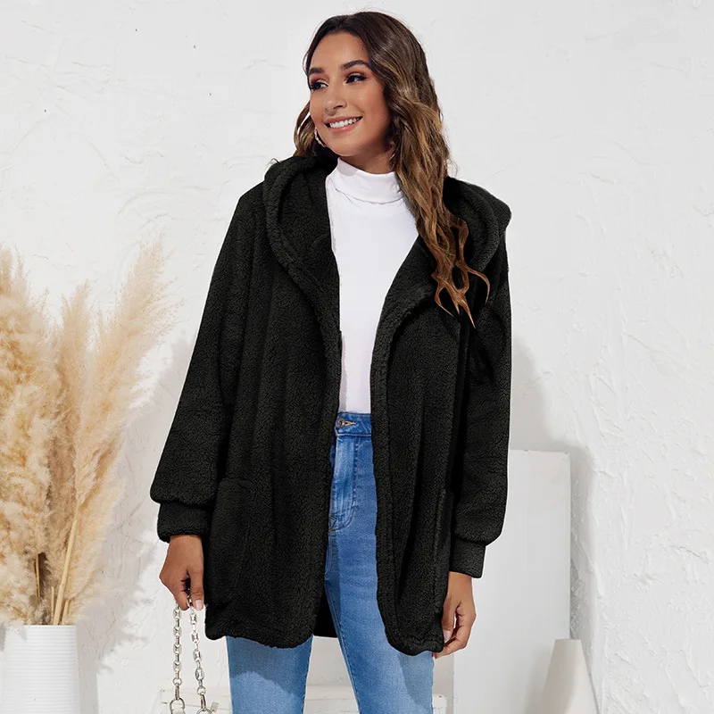 Autumn Winter 2022 Warm Plush Hooded Jackets Women's Faux Fur Coats Vintage Loose Thick Casual Jacket Women