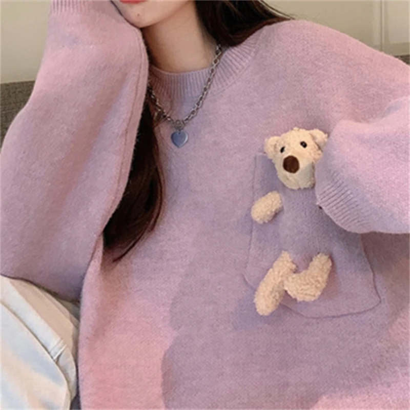 

Женский свитер, топ с милым медведем, Осень-зима, новая модная версия свободного пуловера, свитер