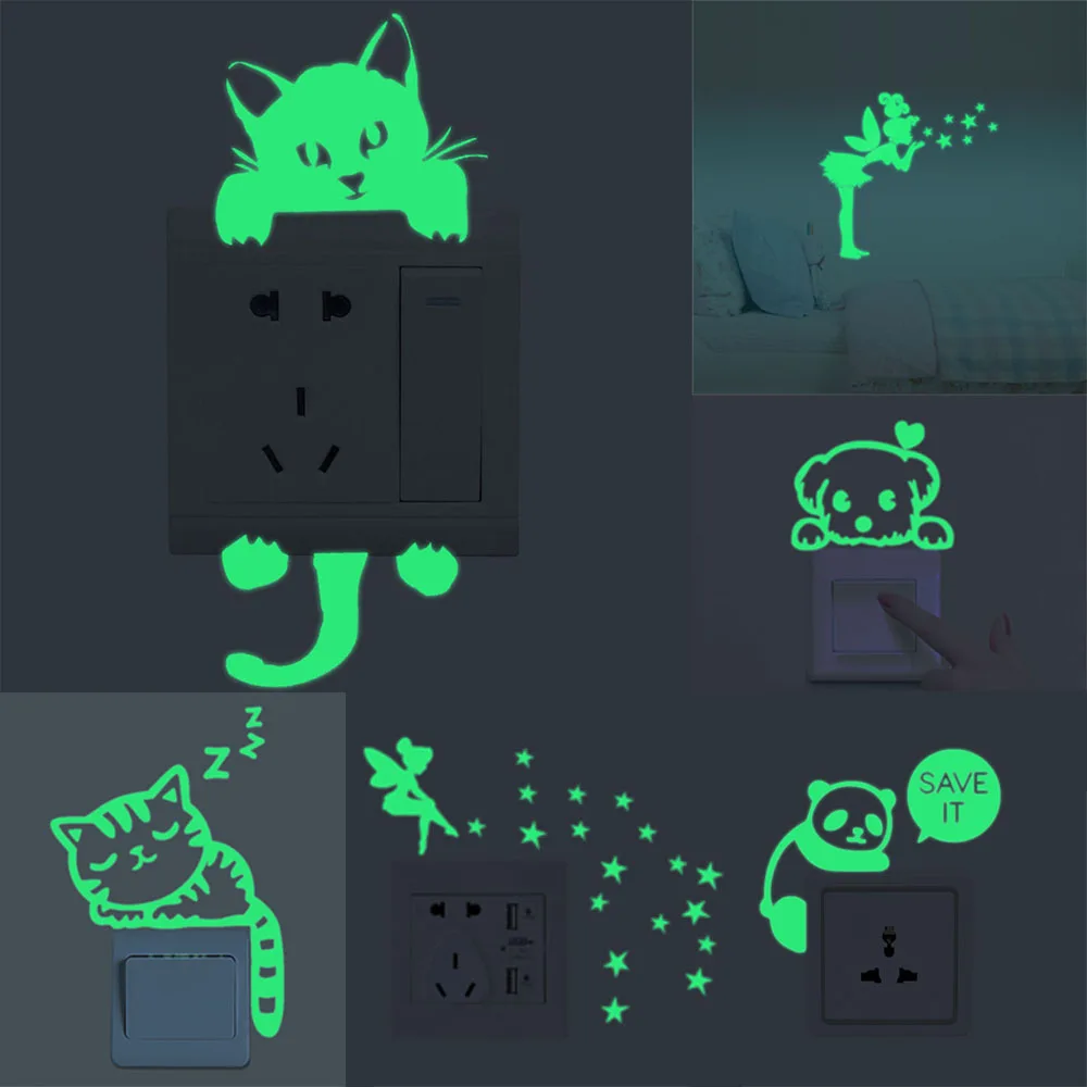 

Luminous Cartoon Switch Sticker Glow In The Dark Cat Sticker Fluorescent Fairy Moon Stars Sticker Kid Room Decoration Home Decor