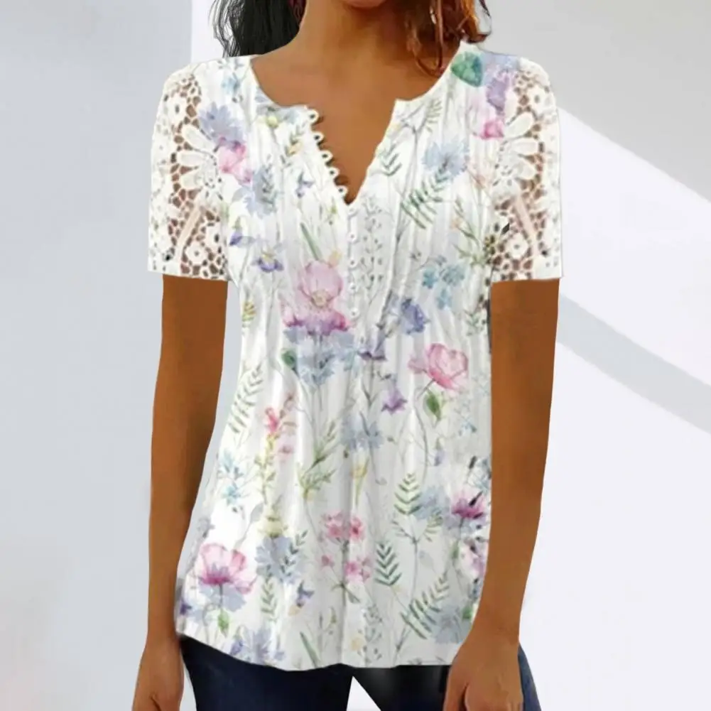 

Stylish Women Tops V-neck Anti-pilling Lady T-shirt Summer Floral Print Pleated Tunic Shirt