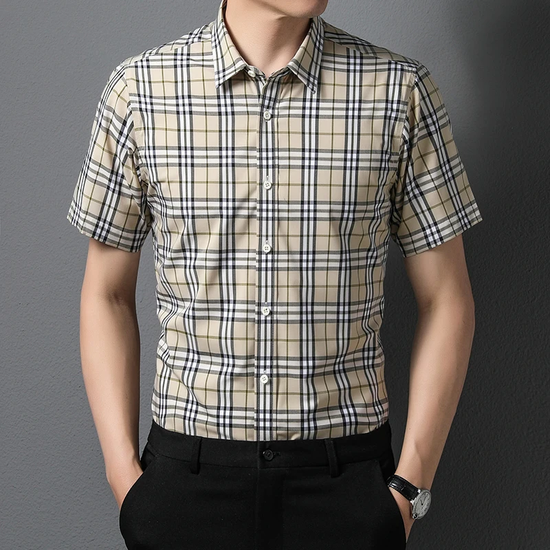 Мужская рубашка в клетку с коротким рукавом из мерсеризованного хлопка |