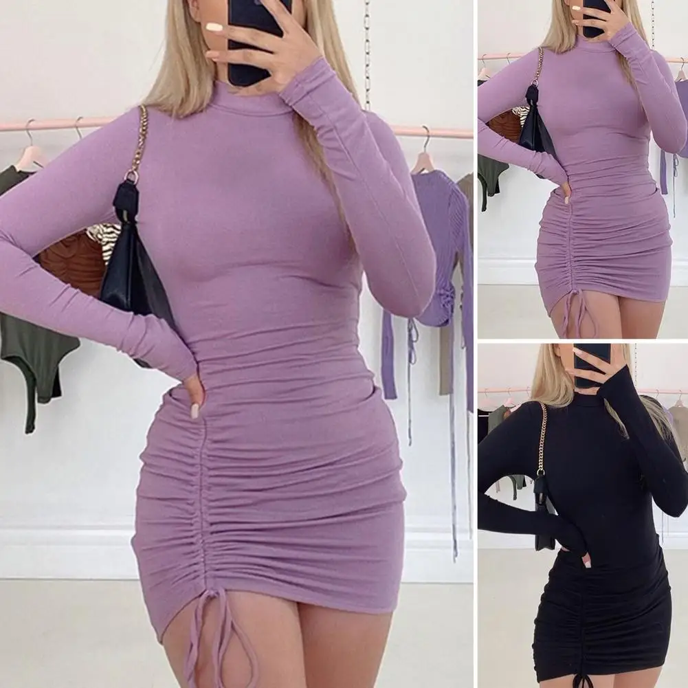 

Long Sleeve Ruched Bodycon Dress Women Turtleneck Bandage Mini Dresses Autumn Black Skinny Stretchy Party Vestidos