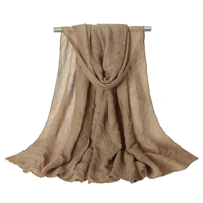 Pleated Cotton Linen Hijabs Scarf Plain Crinkle Shawls Lady High Quality Muslim Wraps Soft Wrinkle Headwraps Plain Long Turban