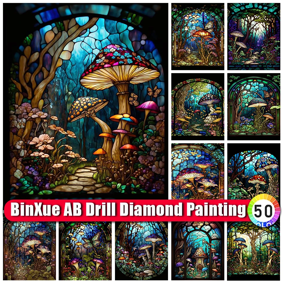 

BinXue 5D DIY Scenery Fantasy Stained Glass AB Diamond Painting Mushroom Butterfly Cross Stitch Flower Handmade Mosaic Art Gift