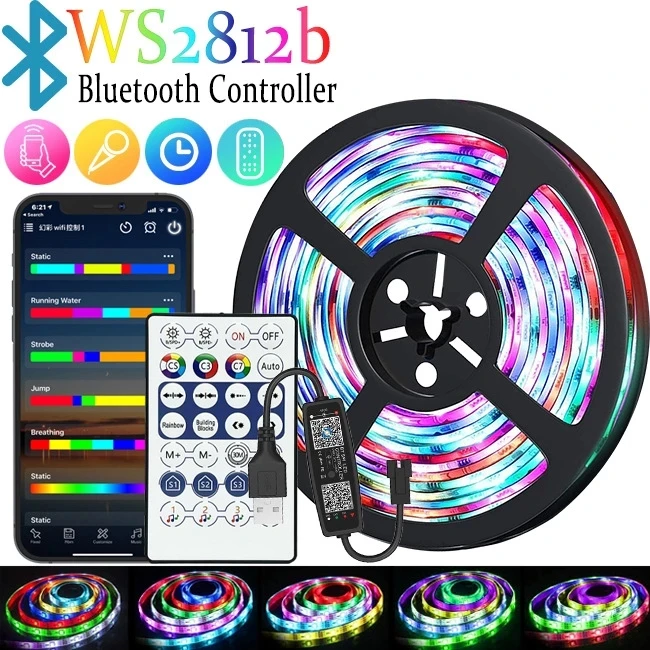 

Светодиодная лента Ws2812b RGBIC, Светодиодная лента для комнаты 5050 RGB, инфракрасный Bluetooth Ontroller, светящаяся декоративная лампа для спальни