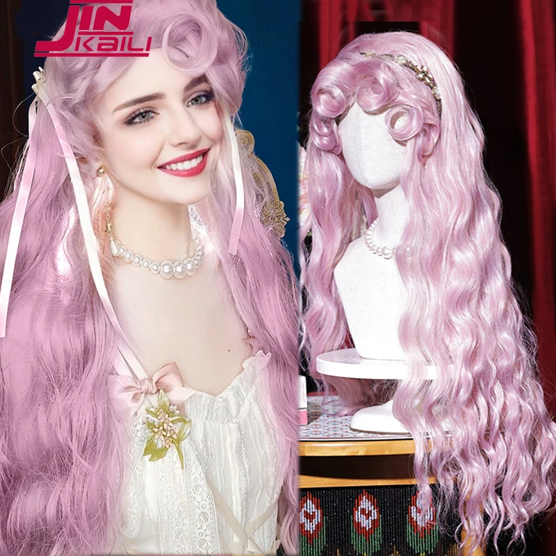 

JINKAILI 80cm Synthetic Long Curly Cosplay Wig With Bangs Pink Light Blonde Lolita Wig Women Halloween Cosplay Wigs Female Wig