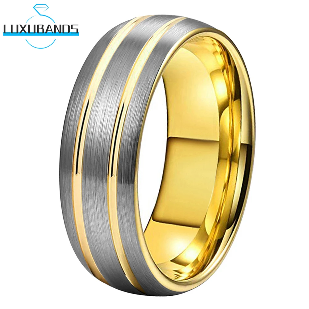 

Gold Tungsten Carbide Wedding Ring Two Grooved Rose Black For Women Men Domed 8mm Brushed Finish Fashion Comfort Fit