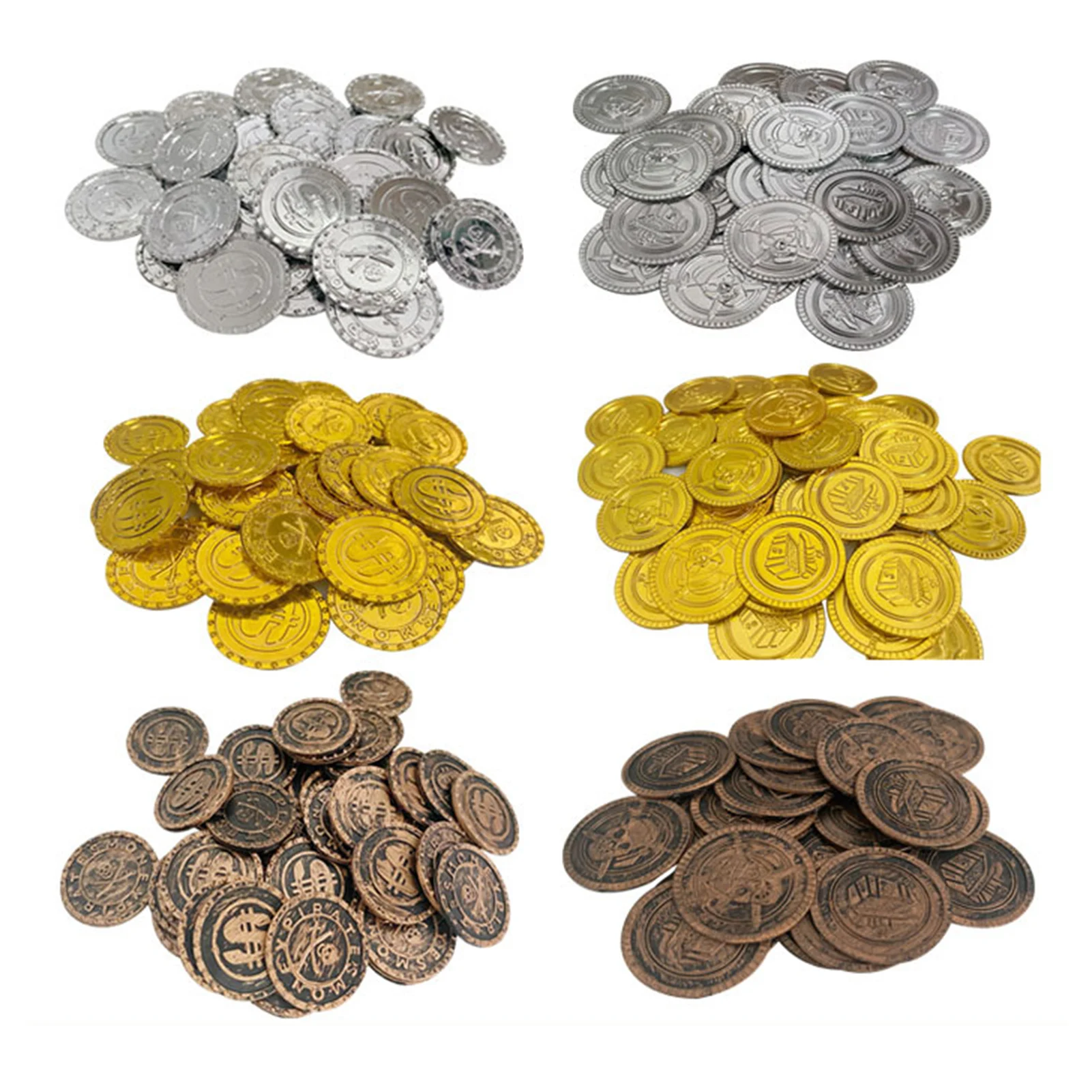 

100pcs Pirates Golden Coins Plastic Treasure Coins Play Money Toy Game Props Playset Goodie Bag Fillers Party Favor for Kids
