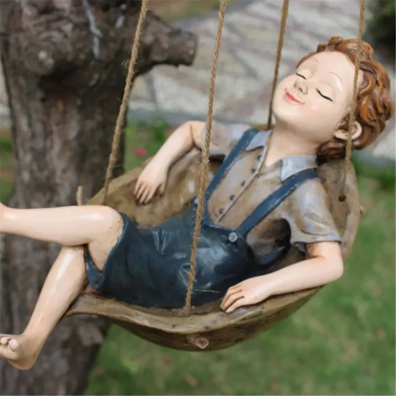 

Forest Elf Walnut Cartoon Swing Boy Resin Pendant Hand-painted Garden Series Outdoor Creative Decoration Home Decor Figurines