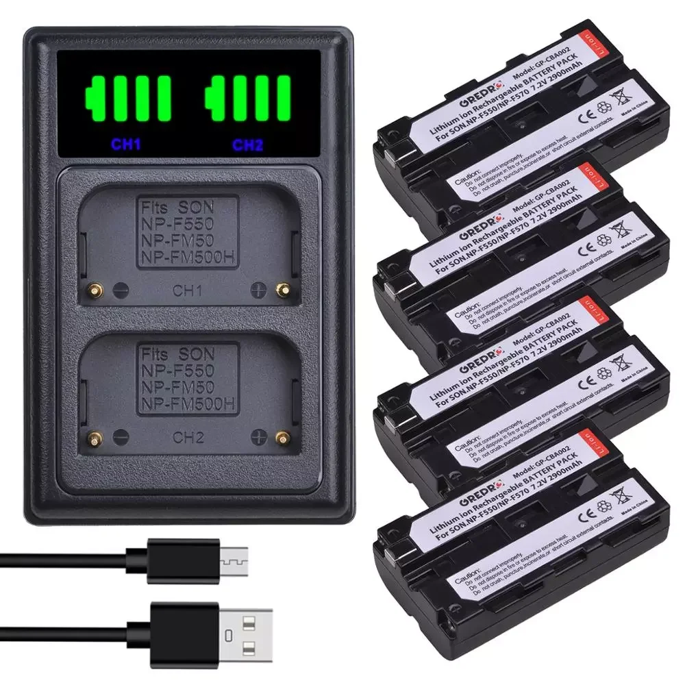 

NEW2023 4Pcs NP-F550 NP-F570 NP F550 F570 Camera Battery + LED Dual Charger with type-C port for Sony NP-F330 NP-F530 NP-F570 NP