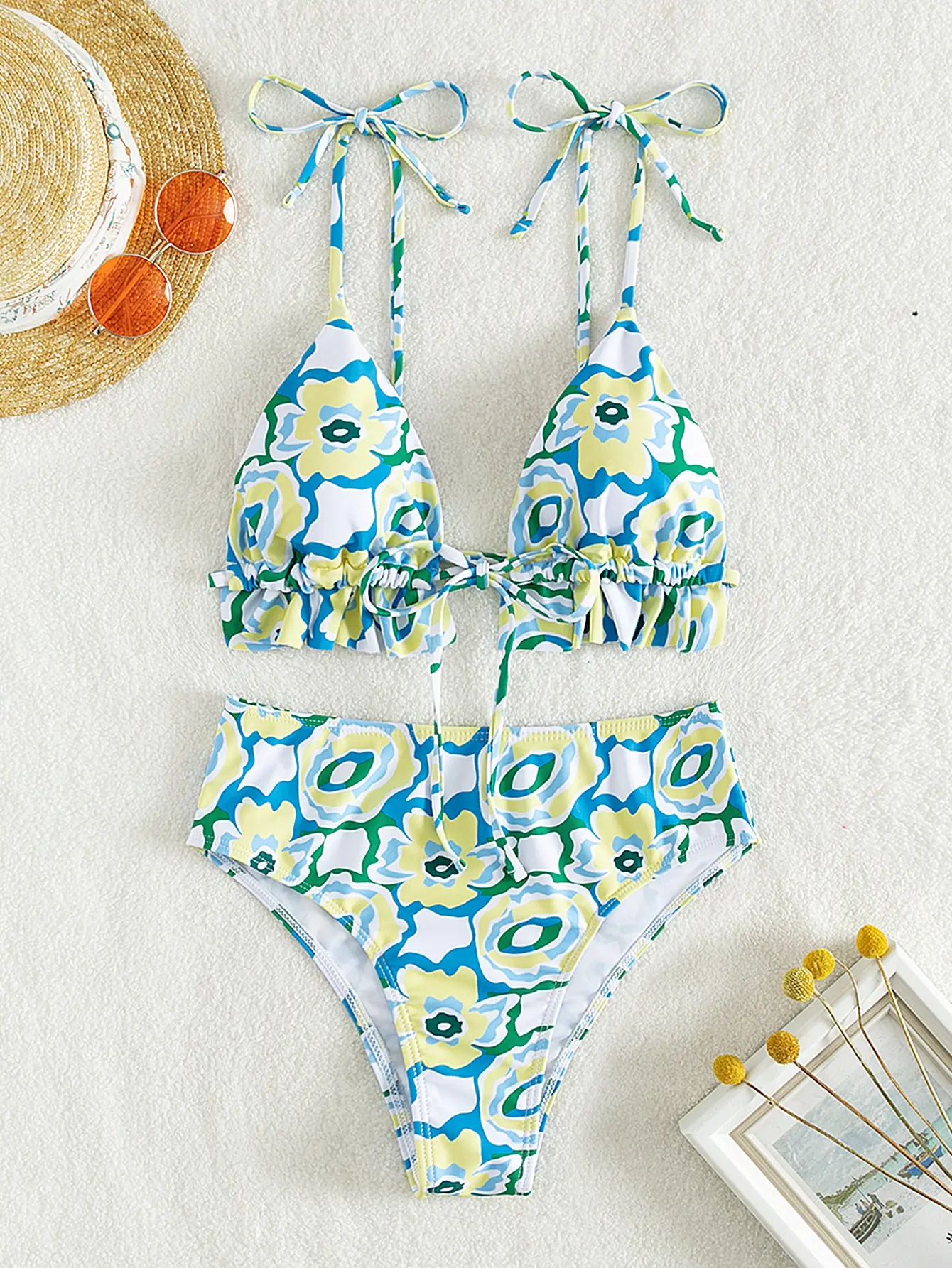 

Bikini Set All Over Print Ruffle Trim Triangle High Waisted Swimsuit Two Piece Swimwear Summer Beach Bathing Suit