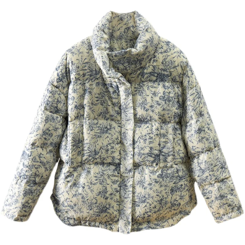 High Quality Down Jacket Women  90%  White Goose Down Cotton Polyester Chinese Style Print Autumn/Winter Zipper Wide-waisted