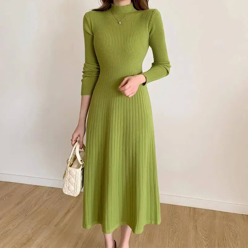 

Autumn Long Sleeved Fit and Flared Long Knitted Dresses Stand Collar A-line Rib Knit Avocado Calf Long Pleated Dress