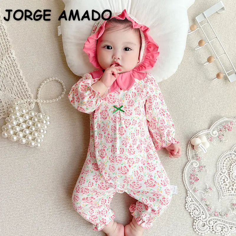 

New Autumn Baby Girl Romper Pink Floral Turn-down Collar Long Sleeves Infant Jumpsuit Newborn Outwear E2910