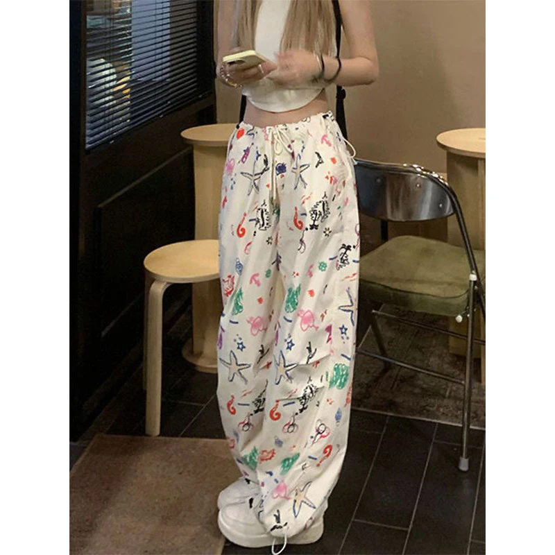 

MEXZT Y2K Cargo Pants Women Print Oversized Joggers Sweatpants Streetwear Harajuku High Waist Baggy Casual Wide Leg Trousers New