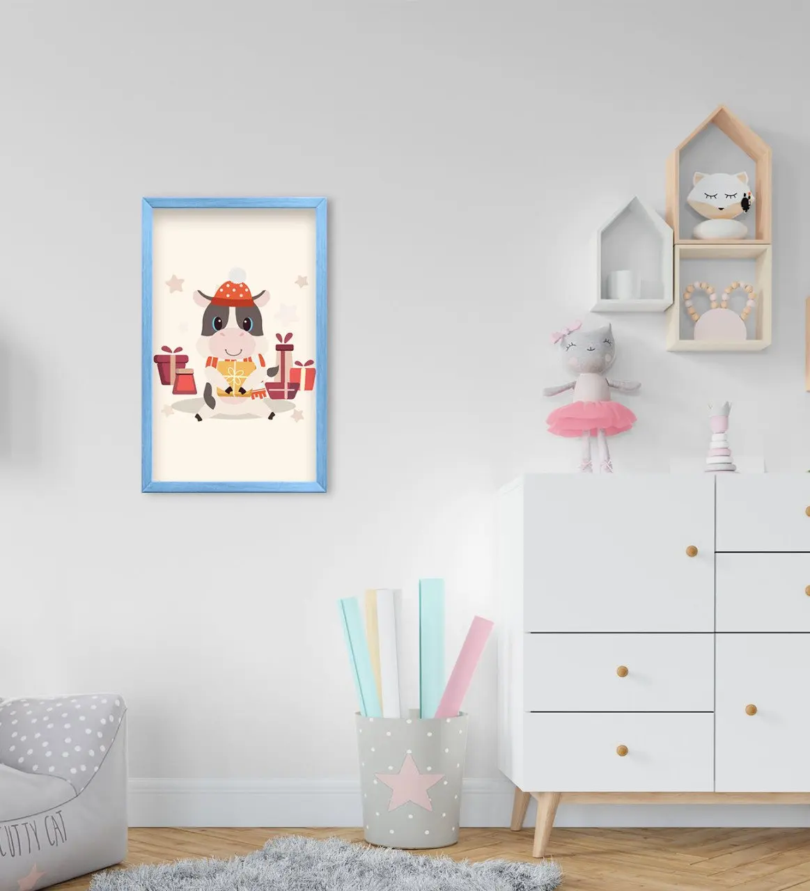 

BK Домашняя одежда с принтом милой коровы; Дизайн декоративные синий деревянной рамке в детской комнате Tablo-1