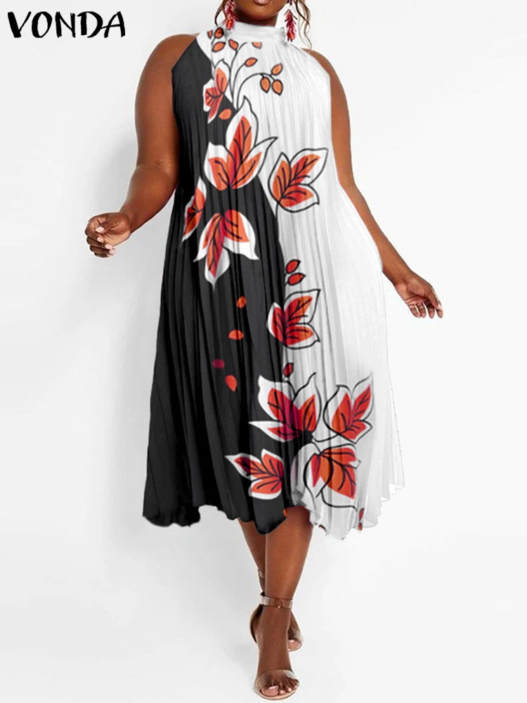 

VONDA 2022 Bohemian Female Y2K Sleeveless Sundress Summer Office Floral Printed Vestido Women Party Dress Ruffled Robe Oversize