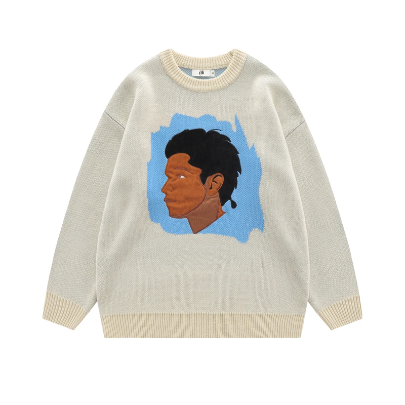 

Men Character Painted Solid Color Casual Sweater for Men and Women Round Neck Streetwear Pullover Knitted Loose Autumn Clothes