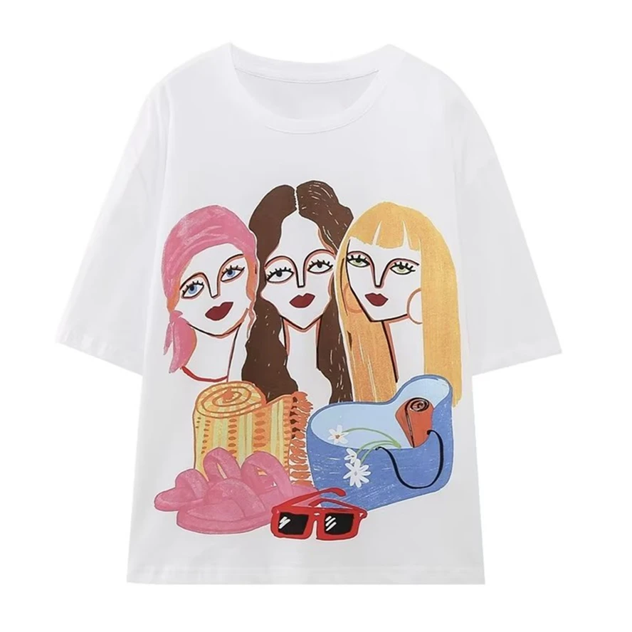 

Maxdutti High Street Fashion Cartoon Girl Printed T-Shirt Ladies Pure Cotton Top Women Round Neck Casual Short Sleeve Summer
