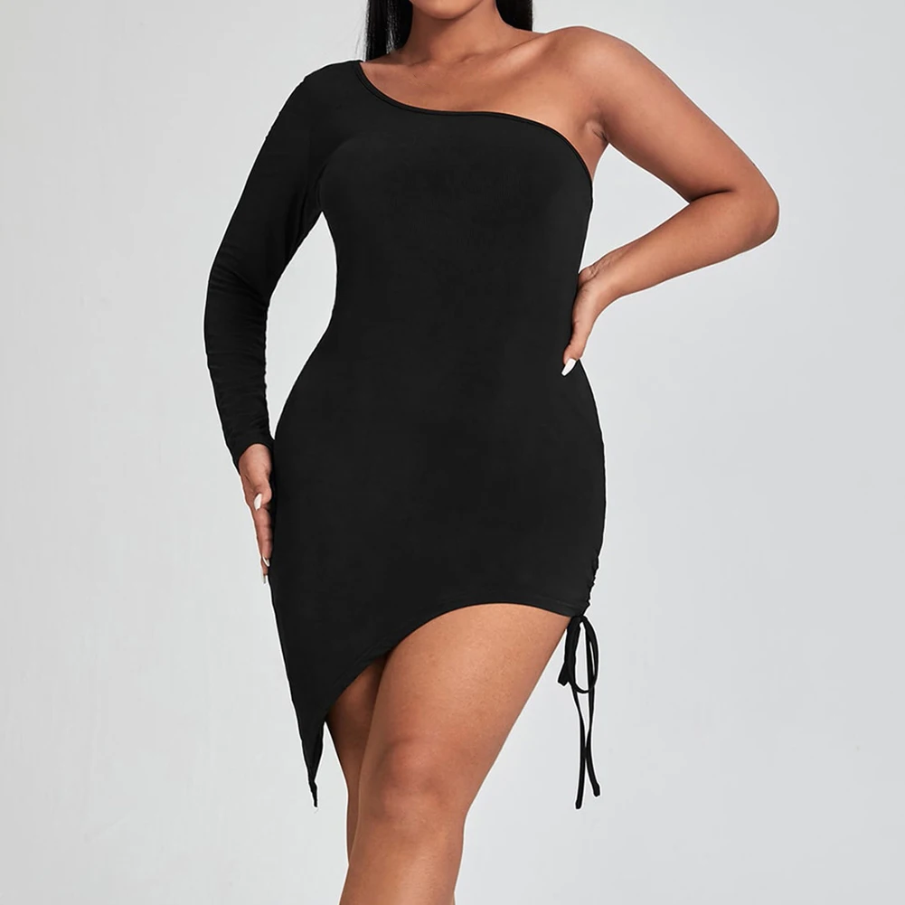 

4XL Plus Size Women Sexy Bodycon Dress Ladies One Shoulder Long Sleeves Party Mini Dress Sexy Retro Solid Vestidos Streetwear