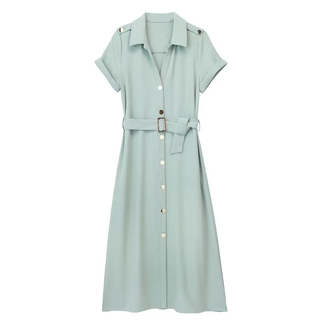 

PB&ZA Women 2023 New Chic Fashion Shirt With Belt Linen Midi Vintage Short Sleeve With Lining Female Dresses Robe Mujer