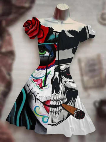 New Summer Ladies puff sleeve Mid Waist Dress Halloween  Humor Funny Horror Print Costume Women Fashion Everyday Clothing