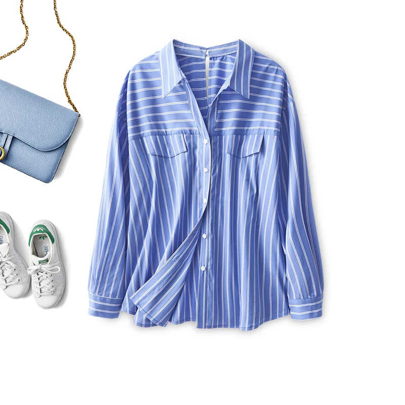 

Женская ажурная блузка в полоску, хлопковая офисная блузка с длинным рукавом и отложным воротником, новинка 2022