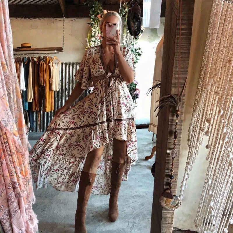 

Women's Summer Wrap V Neck Bohemian Floral Print Ruffle Swing A Line Tassel Drawstring Skirts Irregular Boho Beach Dress