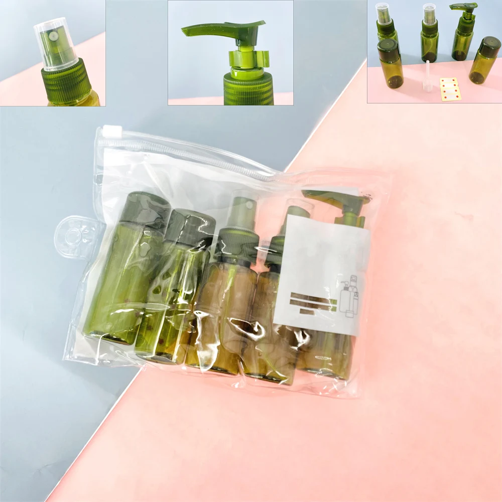 

7 Pcs/Set Green Color Small Plastic Spray Refillable Bottles Kits Holiday Travel Mini Refillable Bottle Empty Shampoo Bottle