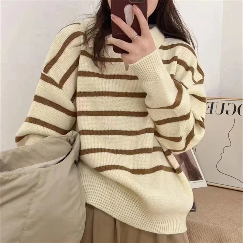 

Vintage Casual Striped Loose Sweaters Women Turn-down Collar Winter Autumn Oversized Long Sleeve Knitted Tops Female Pullovers