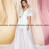 weilinsha chiffon sheer wedding dresses white v neck short sleeve bridal gowns 2022 zipper back new arrived robe de mari%c3%a9e sale