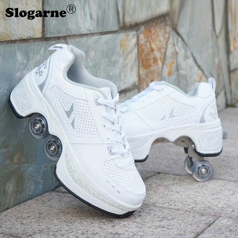 

Kid's Four Wheels Roller Skates Two Rows Dual Use Skate Walking Boy Girl Casual Sneakers Men Sports Leather Shoes Inline Skates