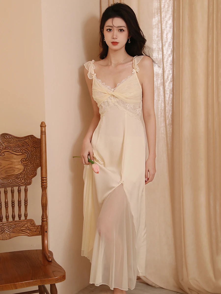 

Women Summer French Sexy Ruffles Pajama Night Dress Sleepwear Vintage Princess Sweet Fairy Mesh Sleeveless Victorian Nightgowns