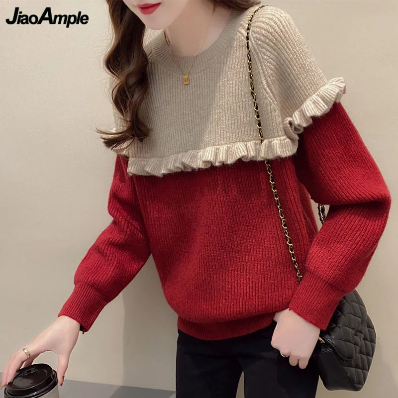

Women's Autumn Winter Patchwork Sweater Korean Lady Casual Loose O-Neck Pullover Knit Tops 2023 New Fashion Lucky Red Knitwear